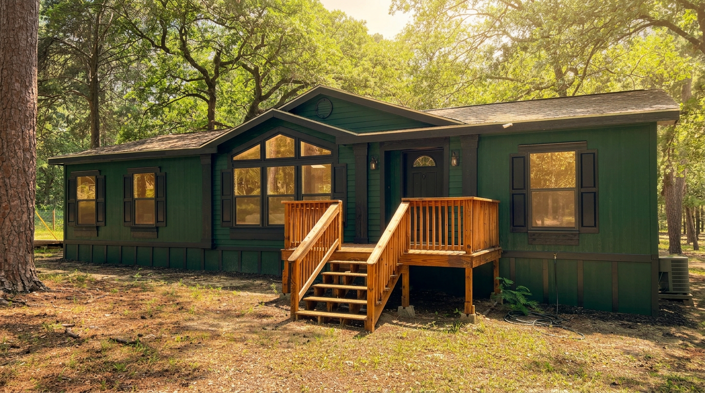 Pine Tree Palace Bastrop TX cabin exterior surrounded by tall pine trees at golden hour